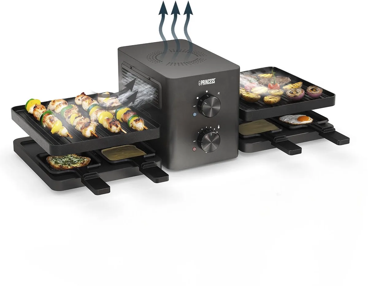 Princess 162660 Raclette Purify - 8 personen - Met ingebouwde afzuiging - 1500 W - regelbare thermostaat - 2 meter snoer - vaatwasmachinebestendig van Princess in Zwart – productfoto