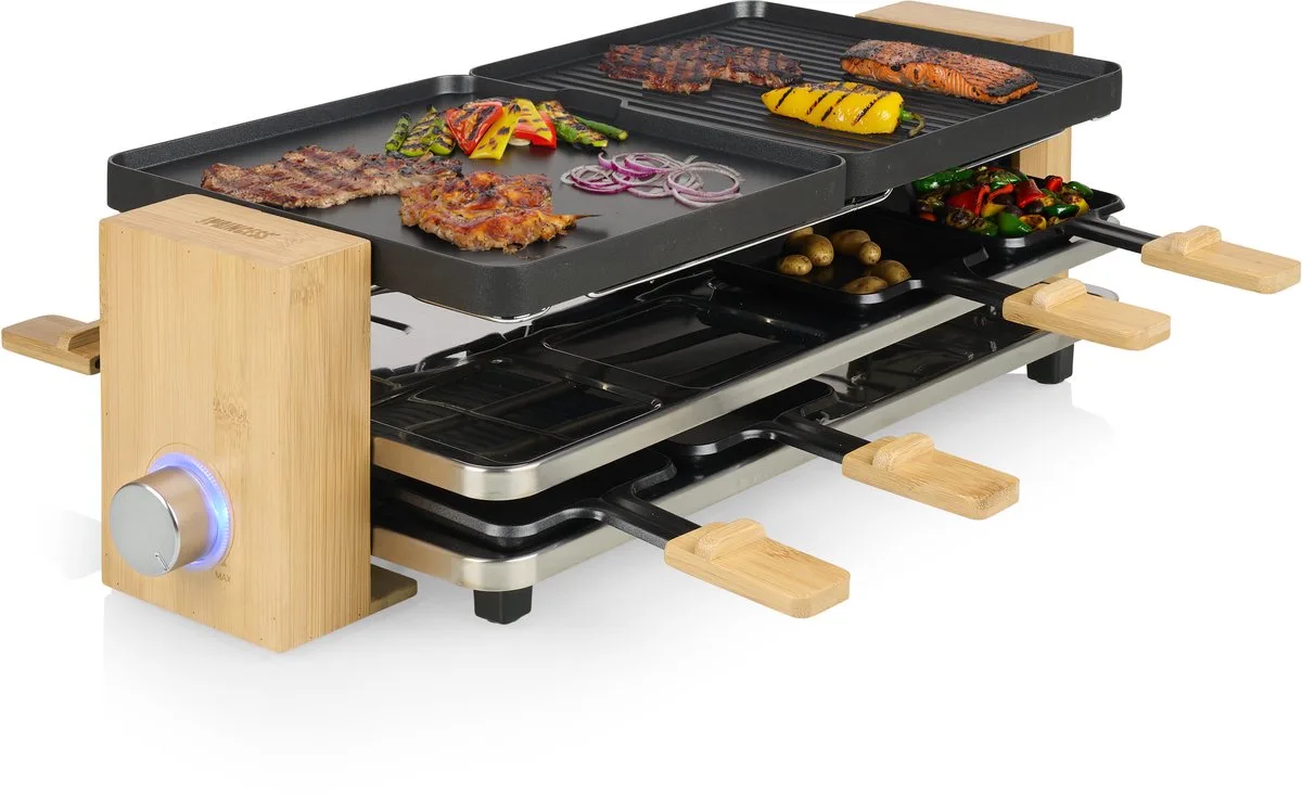 Princess 162918 Raclette - Bamboe - 8 personen - Regelbare Thermostaat - 1300W - 8 pannetjes - 2 meter snoer - Parking deck voor ongebruikte pannetjes van Princess in Zwart – productfoto