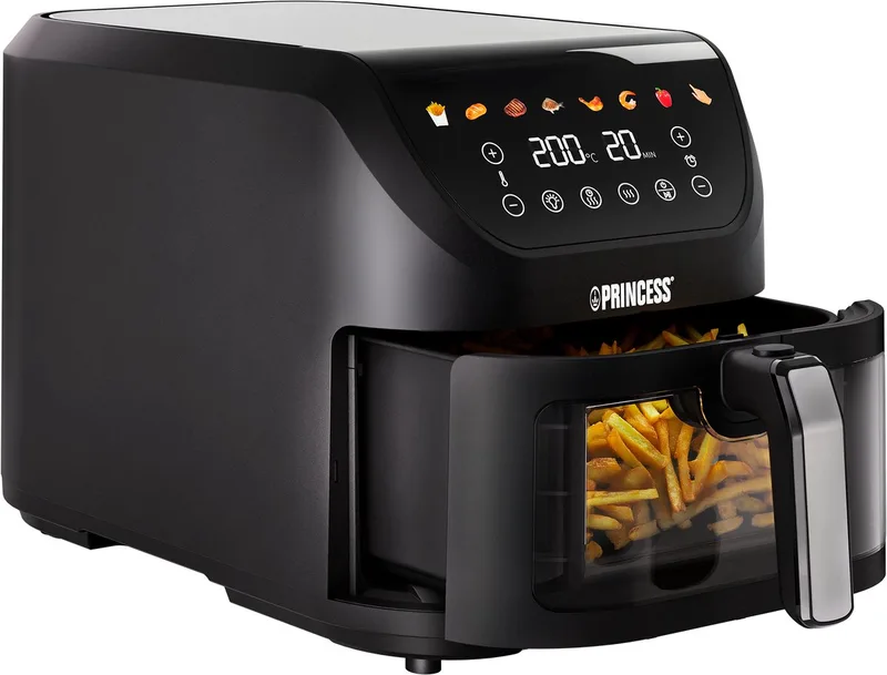 Princess 182257 SlimFry Airfryer - 8 L capaciteit - Doorzichtig kijkvenster - Digitaal touchscreen - 8 voorgeprogrammeerde instellingen - Compact design - 2000 W från Princess i Svart – produktbild