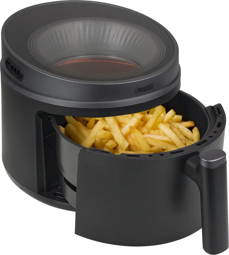 Princess 182270 Airfryer XL - Cyclonic Vision - 5L Heteluchtfriteuse - PFAS vrij - Skylight Kijkvenster en Digitaal Display - 8 Programma's en 1500W - Inclusief Grillrek en Shake Reminder - 182270 by Princess in Black – product photo
