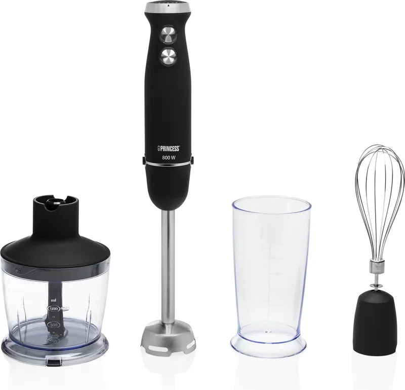Princess 221220 Staafmixer - Hand blender - 800W - 4-in-1 Set- Inclusief hakmolen, garde en mengbeker von Princess in Schwarz – Produktfoto