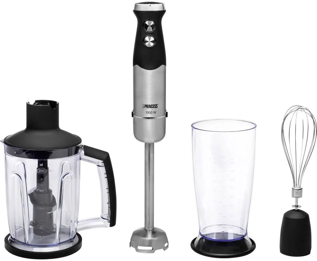 Princess 221221 Staafmixer - Hand blender - Extreem Krachtig – 1000 Watt - 4-in-1 Set - Inclusief Hakmolen, Garde, Mengbeker en Extra lange staaf voor Soep by Princess in Black – product photo