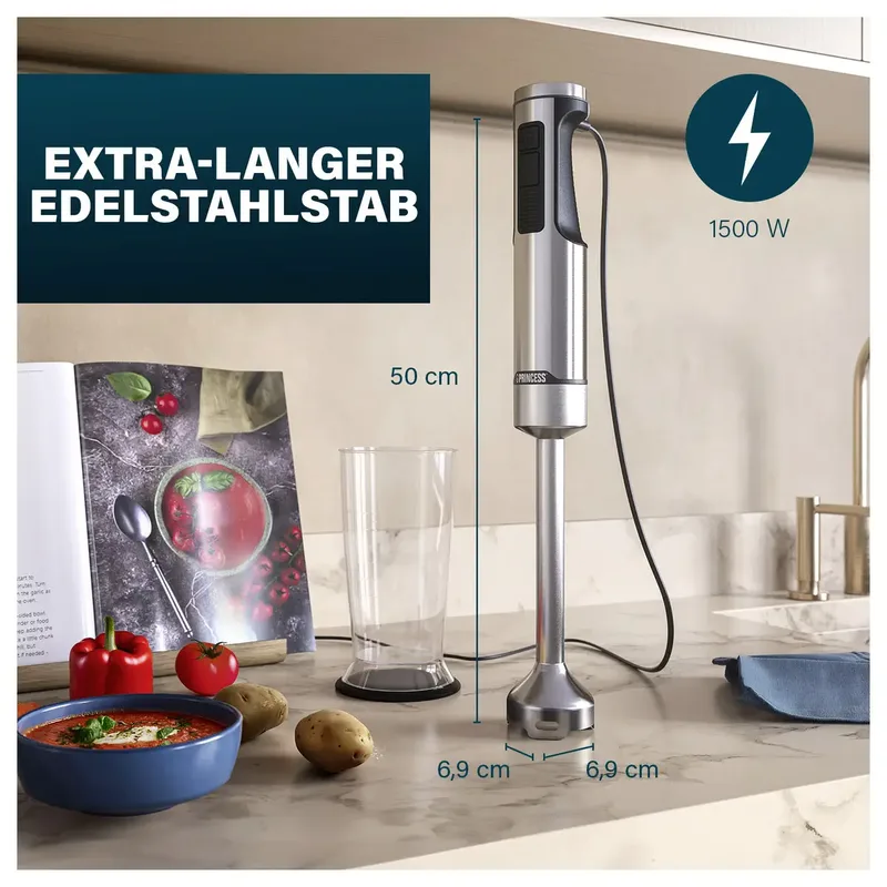 Princess 221233 Staafmixer Prof XXL - Roestvrijstalen staaf - 1500 Watt - Extreem krachtige en sterke staafmixer - XXL - 4-bladig roestvrijstalen messen - 5 snelheden - incl maatbeker fra Princess i Sølv – produktbillede 2 af 2