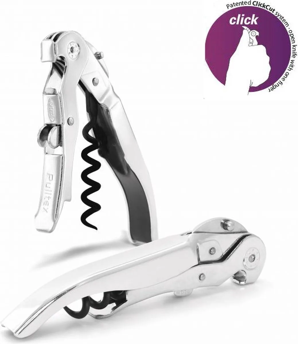 Pullparrot RVS Kurkentrekker - ClickCut systeem - Verwijder Moeiteloos de Kurk - Eenvoudig inklapbaar - Kurken Trekker - Zonder Kurk Beschadiging door Uittrekbare Dubbele Hefboom - Wijnopenener - Flessenopener von Pulltex in Silber – Produktfoto