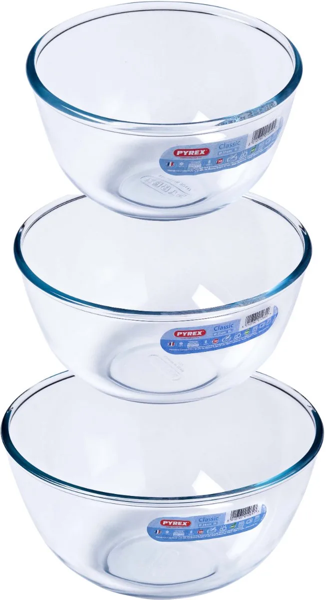 Beslagkommenset - Classic - 1 L, 2 L & 3 L - Borosilicaat glas - Beslagkom 3-delig - 3 stuks de Pyrex en Transparent – photo produit