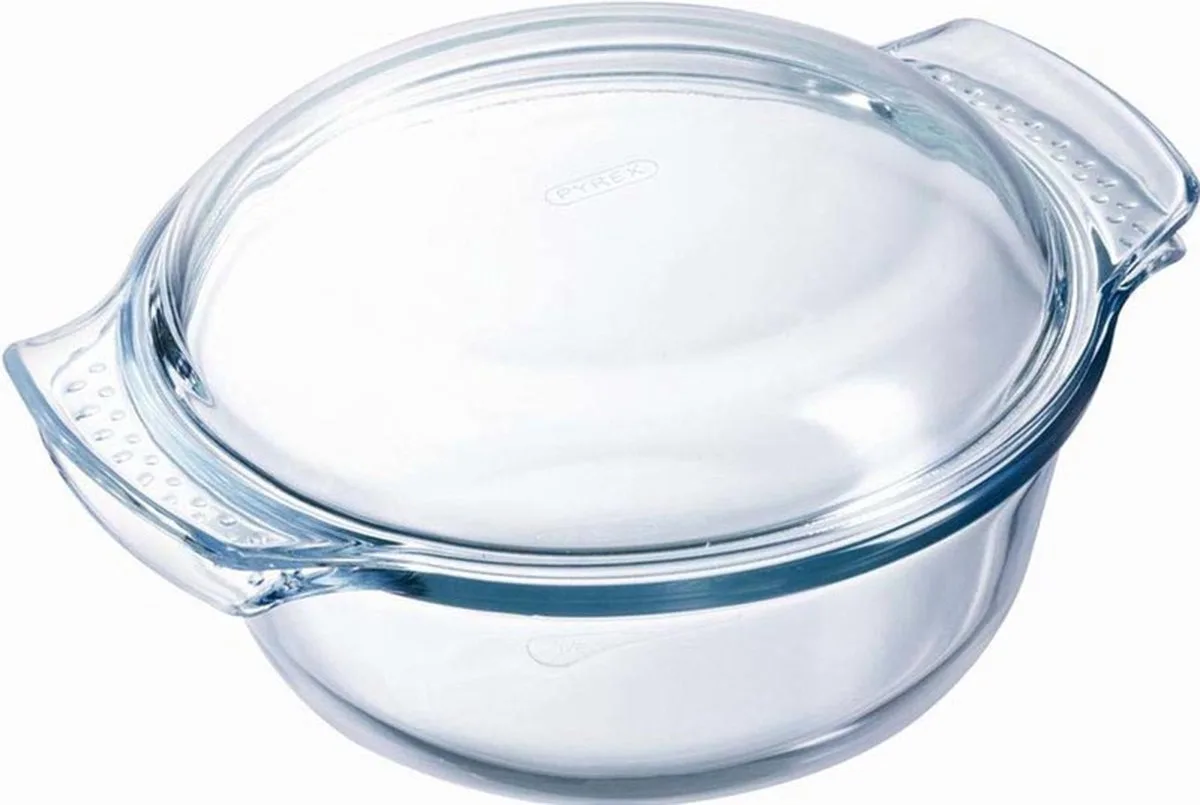 ronde glazen ovenschaal met deksel - 2x - 3 liter - 27 x 23 x 11 cm - Ovenschotel schalen - Bakvorm van Pyrex in Transparant – productfoto