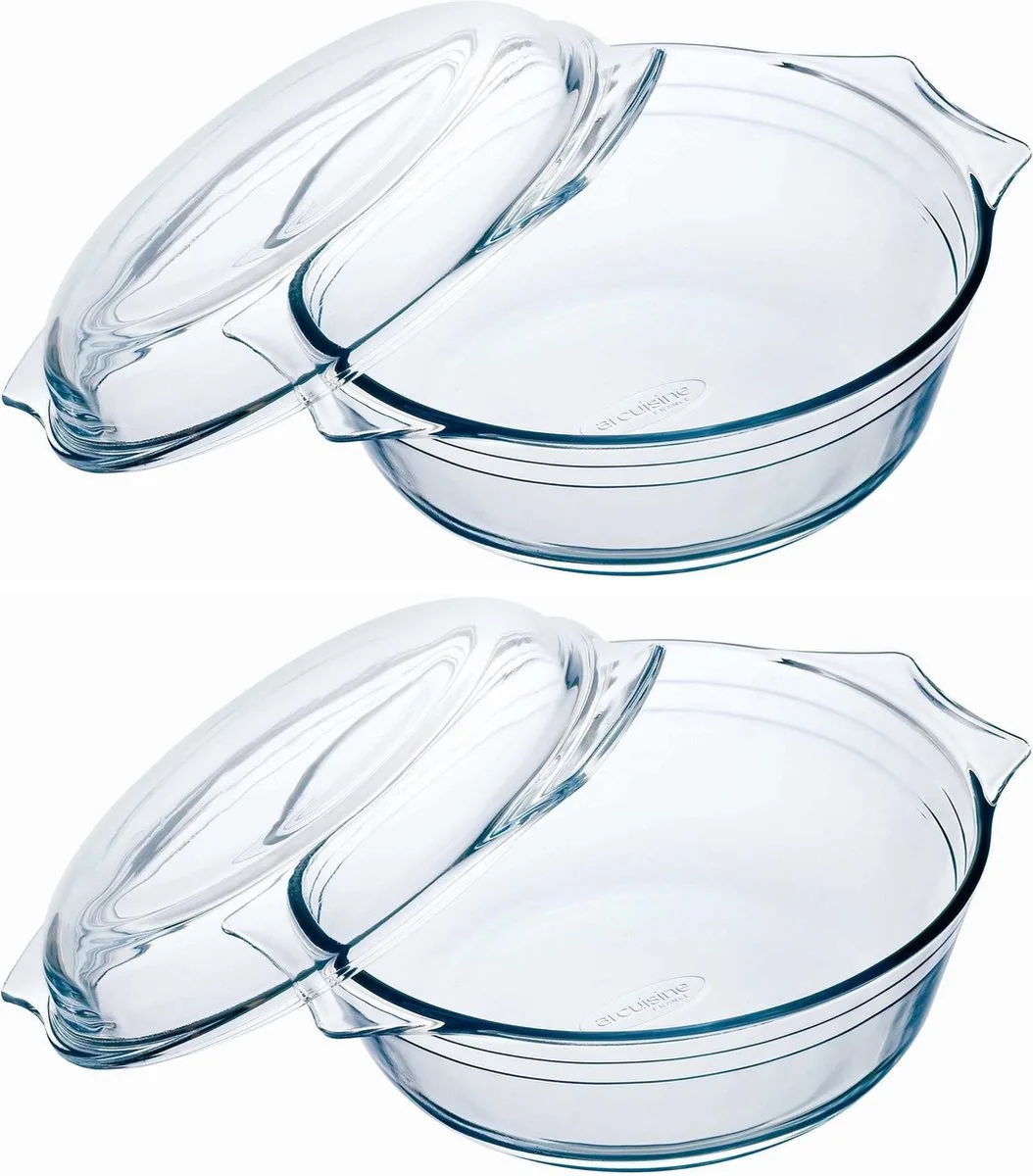 Ronde glazen ovenschaal met deksel - Set van 2x stuks - 3 liter - 27 x 23 x 11 cm - Ovenschotel schalen - Bakvorm by Pyrex in Transparent – product photo