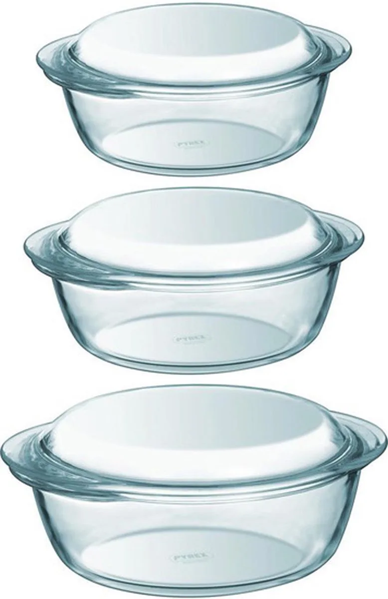 Set van 3x stuks ronde glazen ovenschalen met deksel 1,4 en 2,1 en 3 liter van Pyrex in Transparant – productfoto
