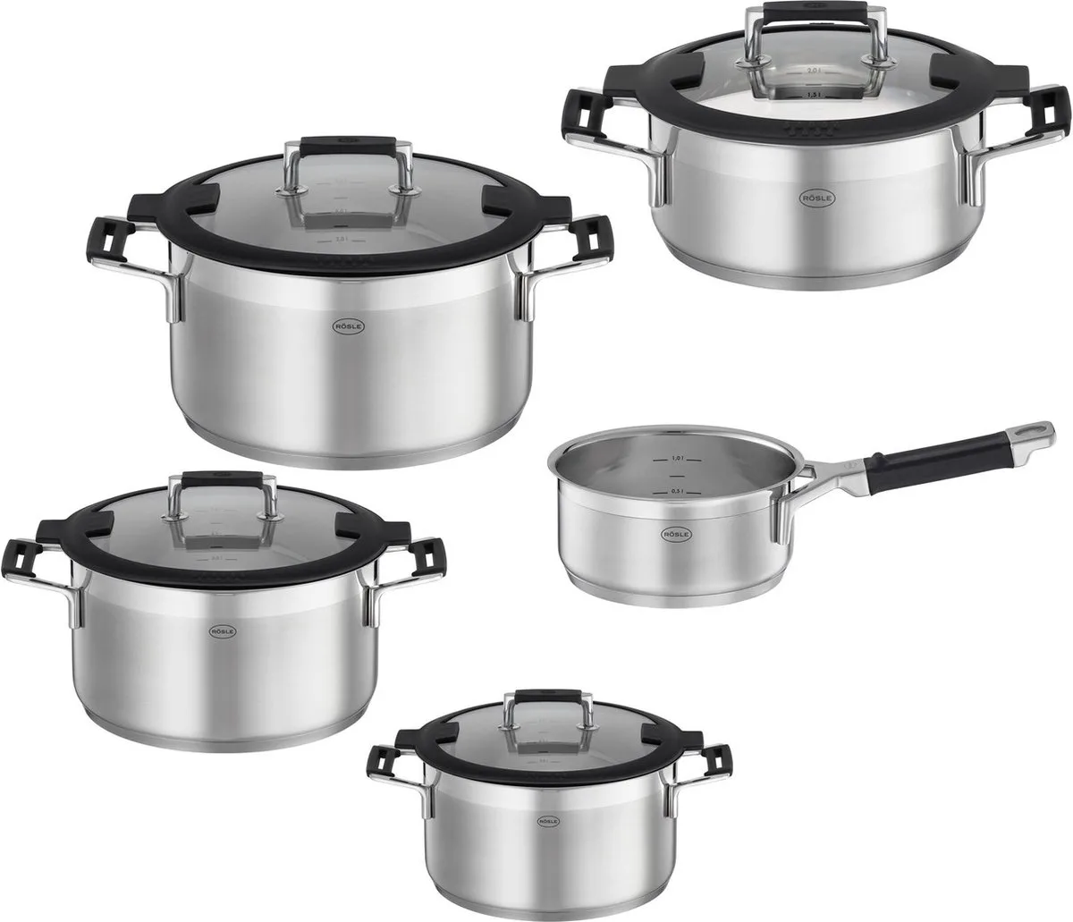 Pannenset, 5 Delig van Rösle in Zilver – productfoto