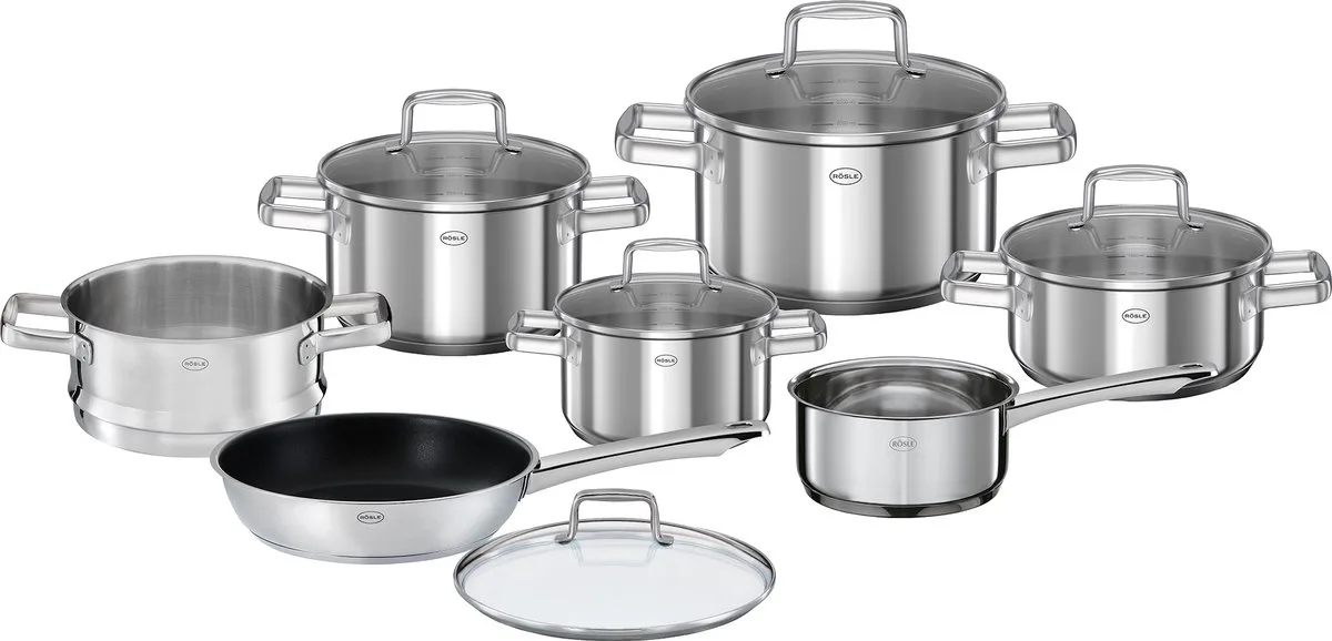 Pannenset Moments – 7-delig – Compleet Kookpakketten met Glazen Deksel – RVS Pannen voor Inductie, Gas, Elektrisch en Keramisch – Met Maatverdeling en Hittebestendige Grepen – Ideaal voor Gevarieerd Koken in Stijl von Rösle in Silber – Produktfoto