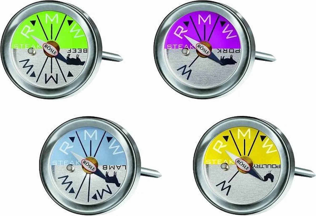 Steak & Vlees Thermometer - Set van 4 Stuks - Ø 2.5 cm - RVS van Rösle in Rose, Groen, Geel, Blauw – productfoto