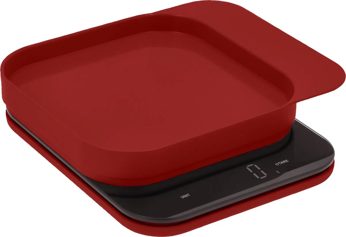 Mensura Keukenweegschaal Rood - LED display - materiaal ABS - 300 ml inhoud - 5 jaar garantie - werkt op AAA-batterijen - vaatwasserbestendig van Rosti in Rood – productfoto