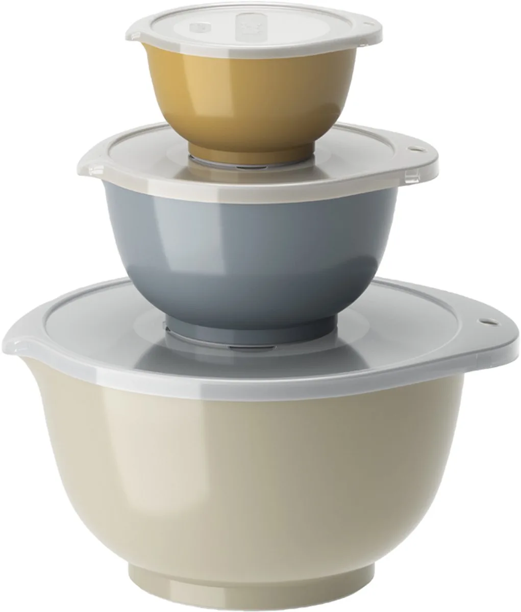 NEW Margrethe 6-delige mengkom set 0,25 + 0,75 + 3 liter von Rosti in Humus, Dusty blue, Curry – Produktfoto