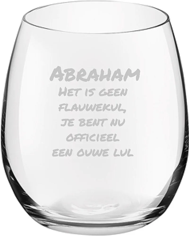 Gegraveerde Drinkglas 39cl Abraham het is geen flauwekul, jij bent nu officeel een ouwe lul by Royal Leerdam in Abraham geen flauwekul – product photo