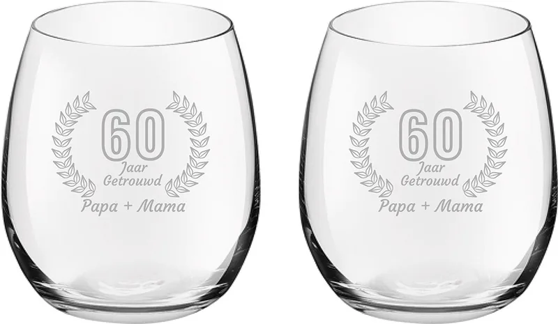 Gegraveerde set Drinkglazen 39cl Papa + Mama 60 jaar getrouwd de Royal Leerdam en Papa+mama 60 jaar getrouwd – photo produit