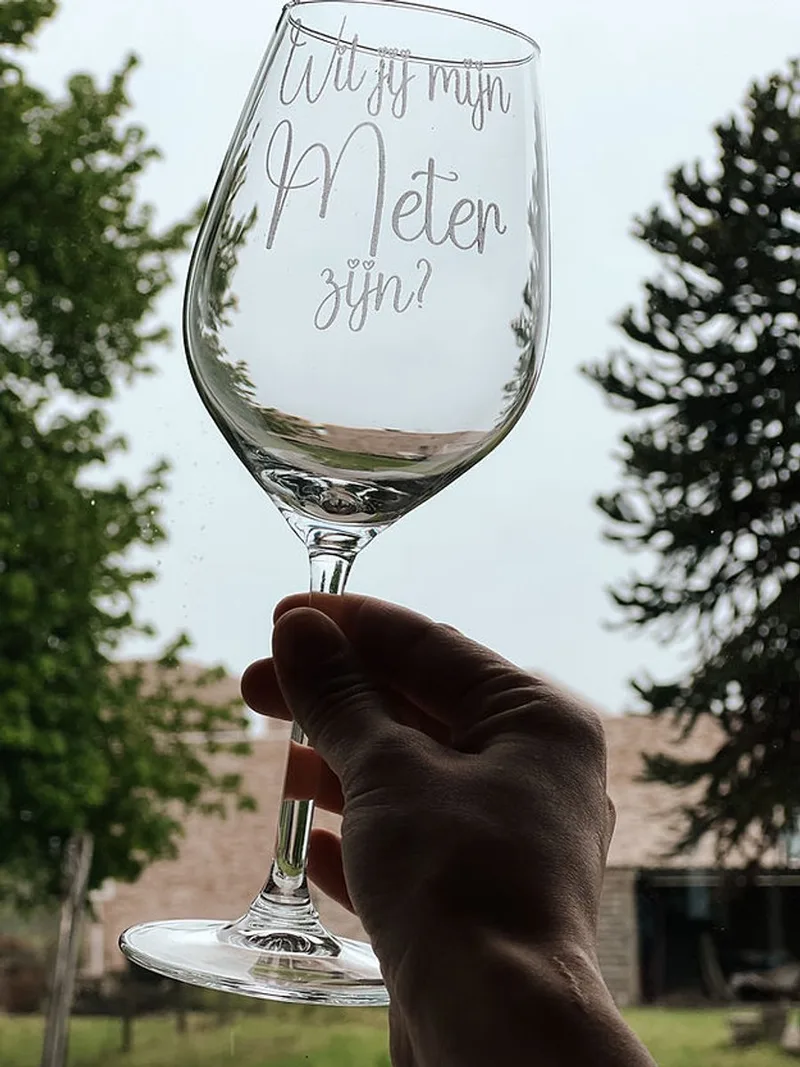 Wijnglas Meter Vragen – “Wil je mijn meter zijn?” – Gegraveerd Cadeau – Origineel Kraamcadeau – Zwangerschap Aankondiging by Royal Leerdam in Doorschijnend – product photo
