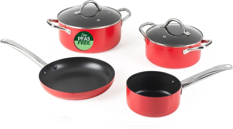Riviera 4-delige pannenset - keramische antiaanbaklaag by Russell Hobbs in Red – product photo