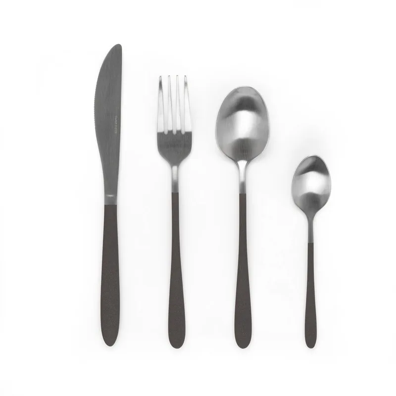 BW09388 16-delige Bestekset - Volledige Parelzwarte Vergulde Roestvrijstalen Servies Set, Tafelservice Voor 4, Vorken, Messen, Theelepels & Dessertslepels. van Salter in Zilver – productfoto