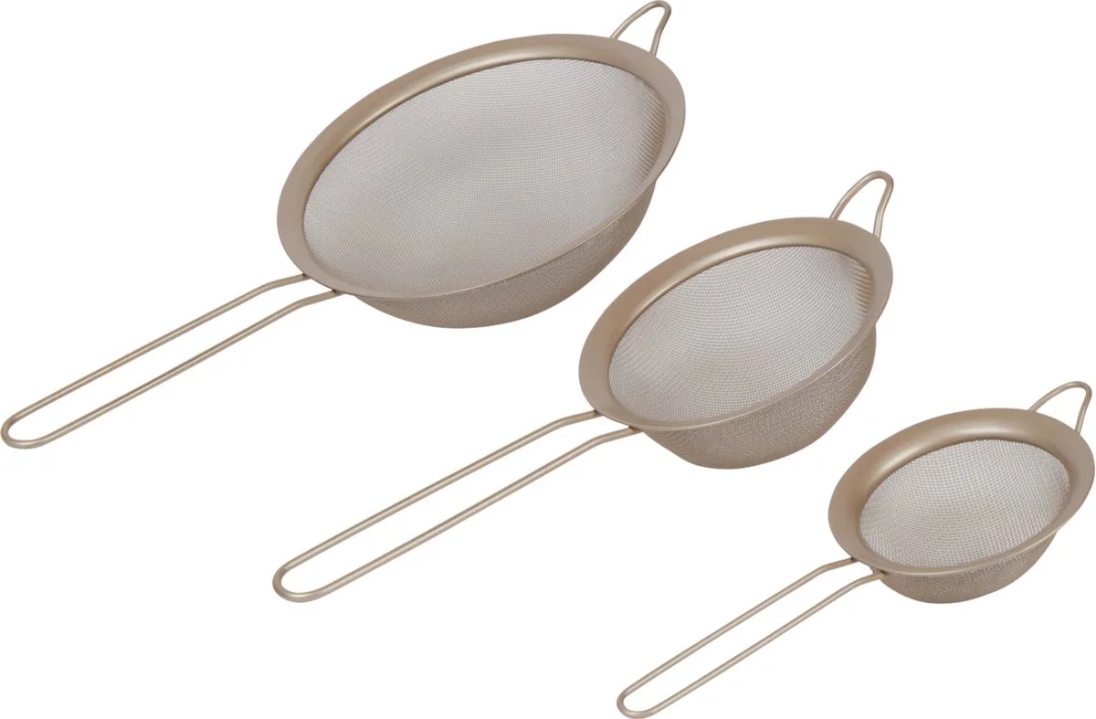BW12616EU7 Bakes Zeefset – 3-delige roestvrijstalen fijnmazige keukenzeven, multifunctionele vergieten voor koken & bakken, zeef voor bloem met komsteunen, zeven van 10/14/20 cm, goud fra Salter i Guld – produktbillede