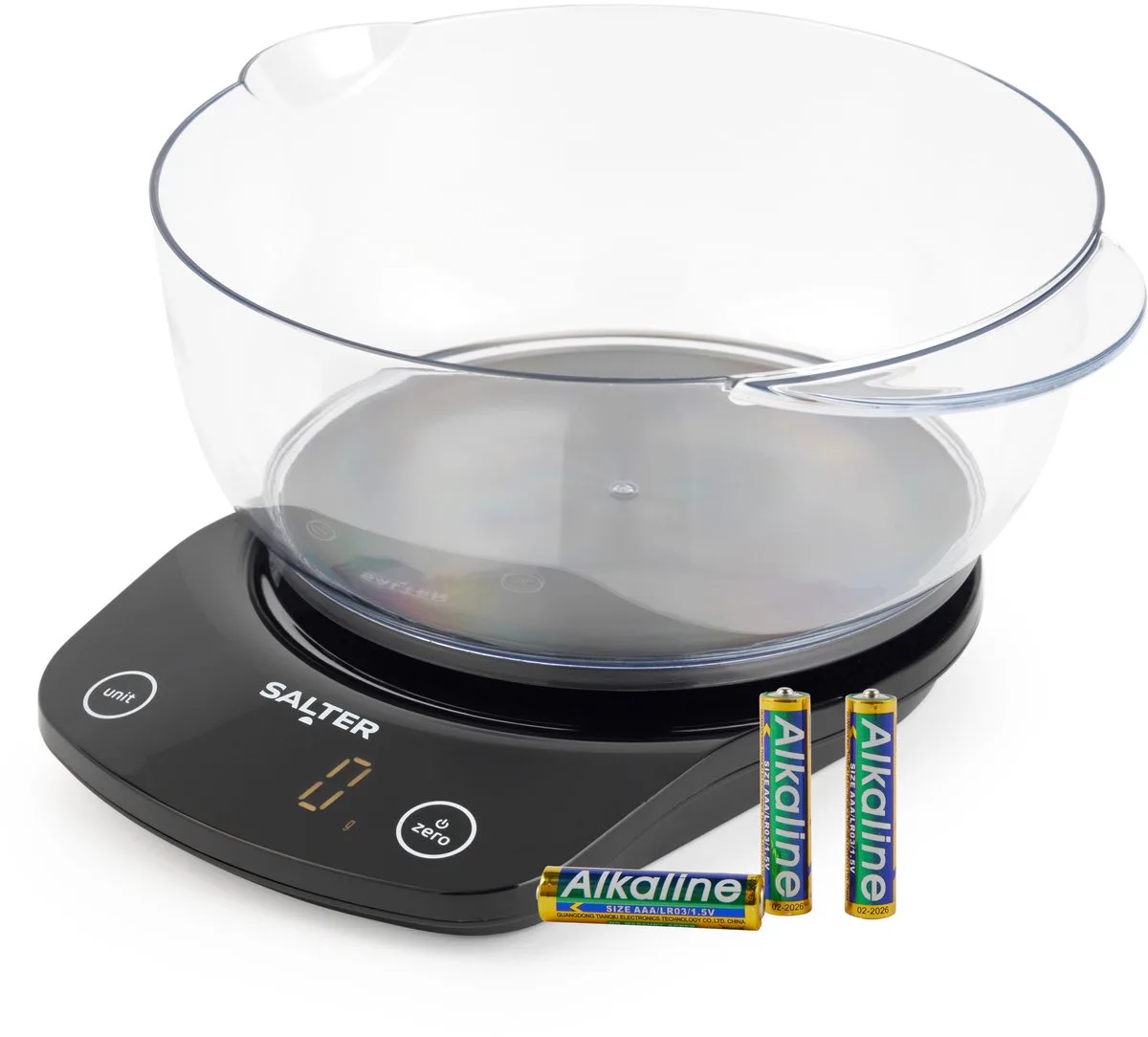 Digitale Keukenweegschaal - Elektronische Voedselweegschaal Met 1,8L Kom, Meet Vloeistoffen, Voeg Toe & Weeg Nat & Droge Ingrediënten, Capaciteit van 5kg/11lbs, Inclusief Batterij van Salter in Zwart – productfoto