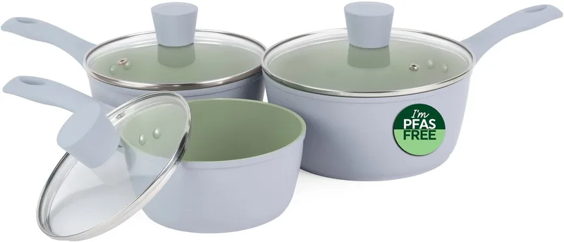 Earth Pannenset – 3-delig PFAS-vrij inductiekookgerei van Salter in Groen – productfoto