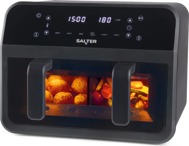 EK5872VDE Dual View Air Fryer – 7 L Antiaanbak Bakplaat Met Verwijderbare Scheidingswand, Grote Capaciteit Voor Gezinnen, Kijkvenster, Digitaal LED Touch Display, 6 Functies, 2300 W van Salter in Zwart – productfoto