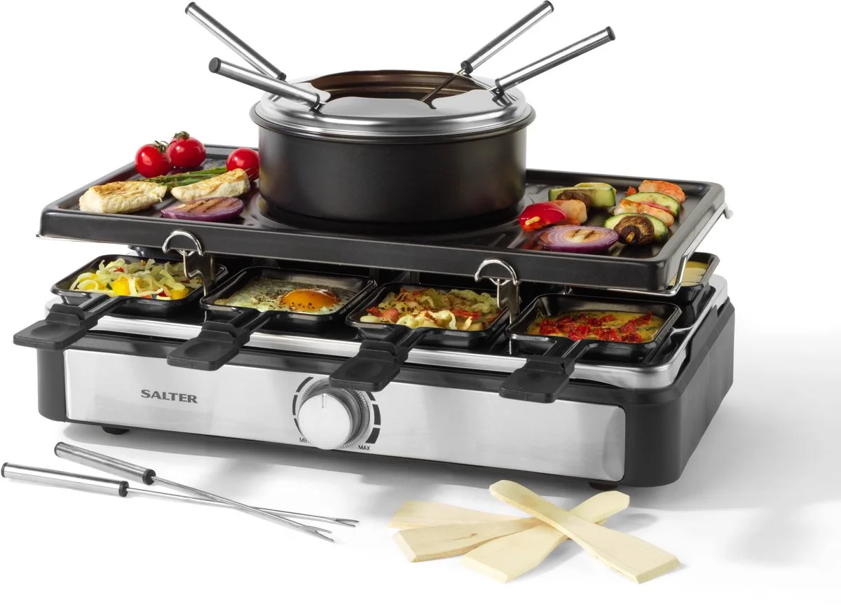 Elektrische Raclette Grill & Fondue - Pan - Vorken - Pannetjes van Salter in Zwart – productfoto