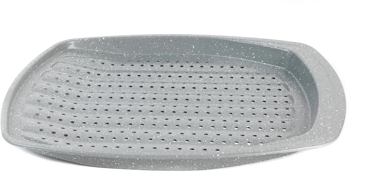 Marblestone Bakplaat – 38cm Antiaanbak Ovenplaat, Krokanteschotel, Lichtgewicht Koolstofstaal, Gemakkelijk Schoon te Maken, Rechthoekige Fritesschaal, Geperforeerde Bodem fra Salter i Grå – produktbillede