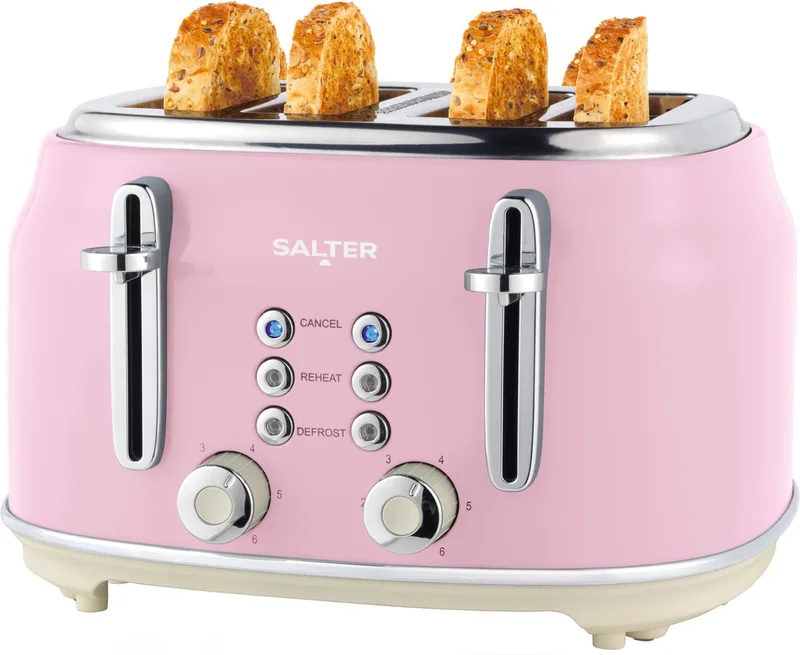 Retro Broodrooster 4 Sneetjes – 6 Bruiningsinstellingen – 1630W by Salter in Pink – product photo