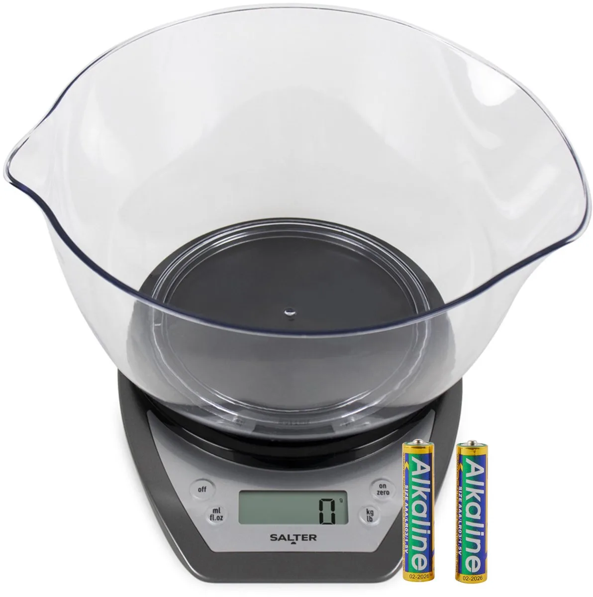 Salter 1024 SVDR14 Digitale Keukenweegschaal Met Kom - 2L Vaatwasserbestendige Mengkom, Gemakkelijk Dubbele Gietmondingen Breed & Smal, Toevoegen & Wegen, Gemakkelijk Af te Lezen, 5kg van Salter in Zilver – productfoto