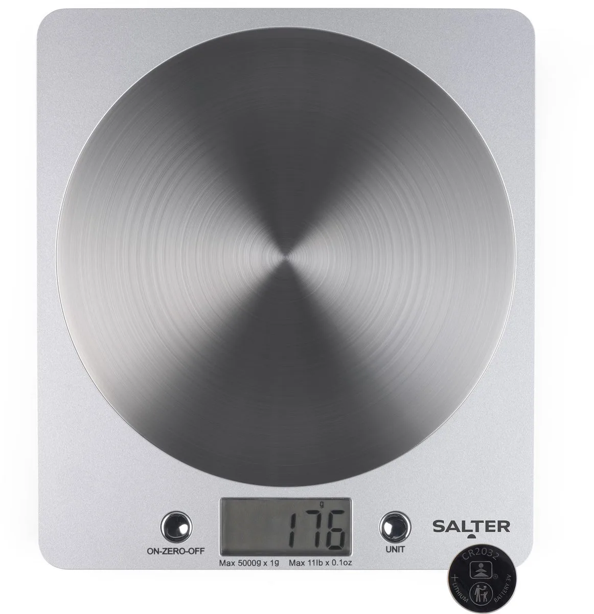 Salter 1036 BKSSDR Digitale Keukenweegschaal – Kook- & Bakweegschaal, Weegplatform van Roestvrij Staal, Capaciteit van 5KG, Tarra Functie, Groot LCD-scherm voor Gemakkelijk Aflezen, Zwart fra Salter i Sølv – produktbillede