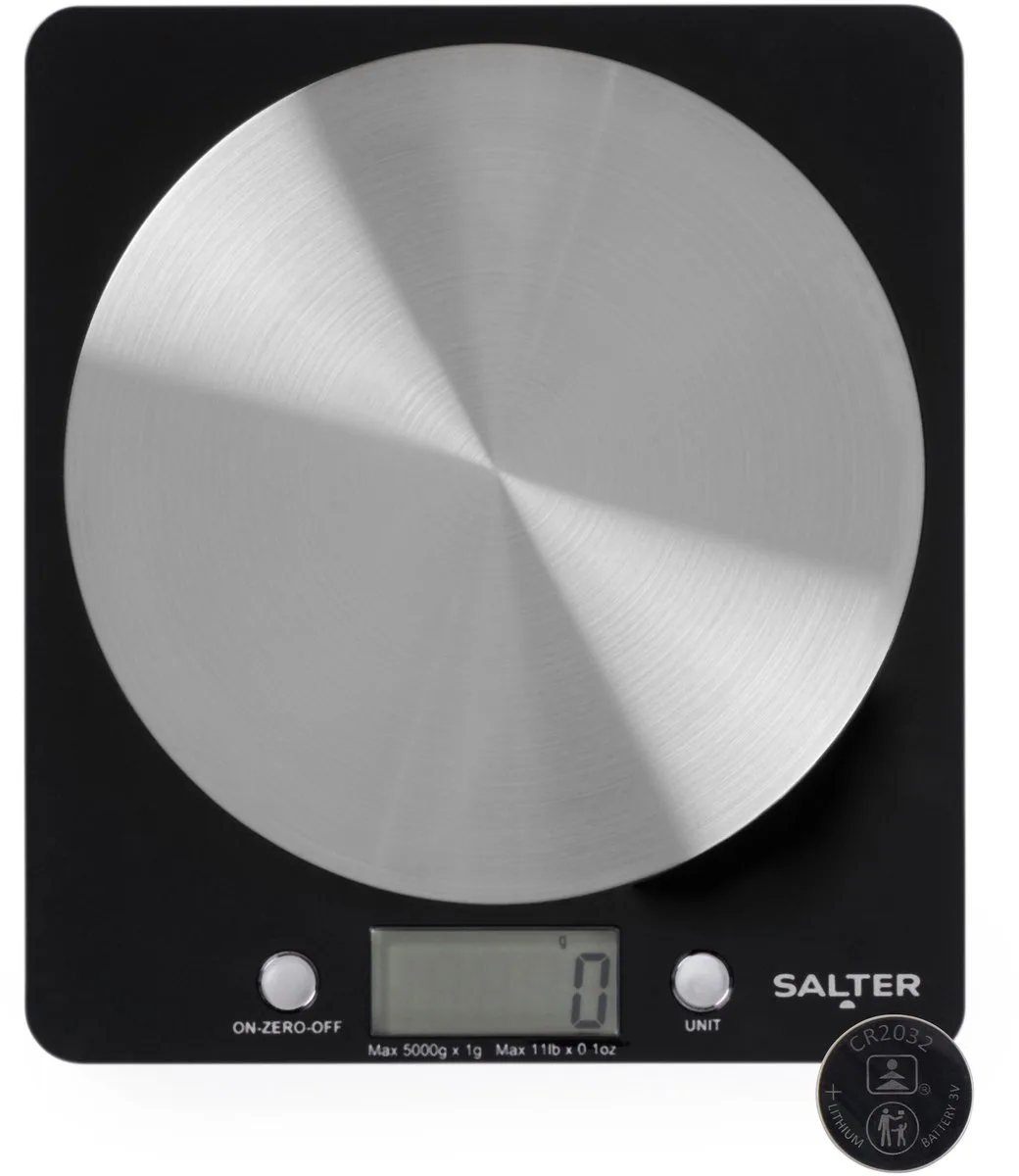 Salter 1036 BKSSDR Digitale Keukenweegschaal – Kook- & Bakweegschaal, Weegplatform van Roestvrij Staal, Capaciteit van 5KG, Tarra Functie, Groot LCD-scherm voor Gemakkelijk Aflezen van Salter in Zwart – productfoto