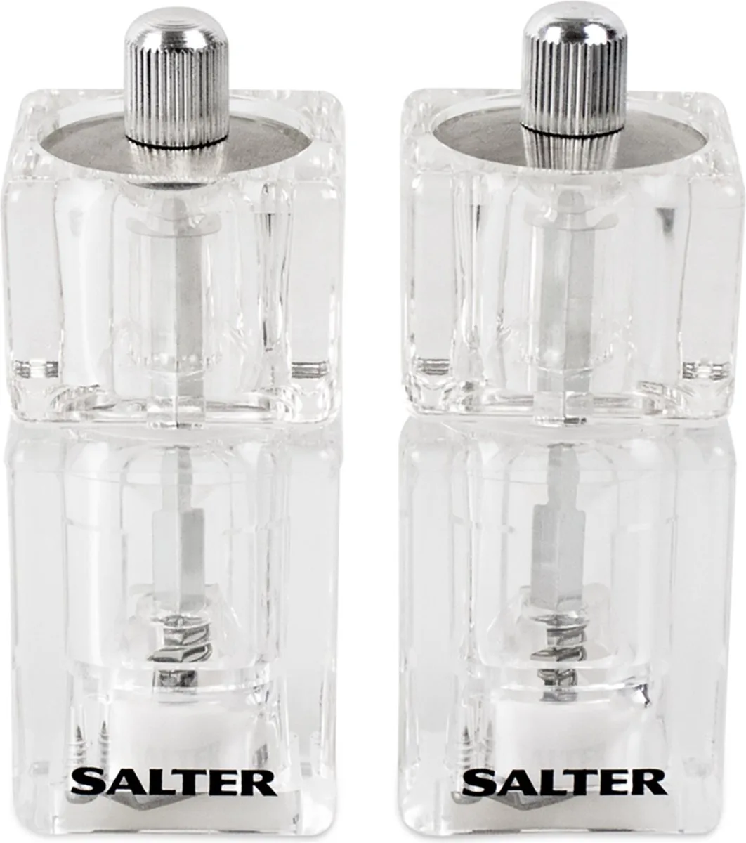 Salter 7605 CLXR Mini Salt & Pepper Grinder Set – Compact Navulbare Molenset, Draai Om Te Malen, Keramisch Mechanisme, Instelbare Fijne tot Grove Maalstand, 16g Zeezout/7g Peperkorrels van Salter in Transparant – productfoto
