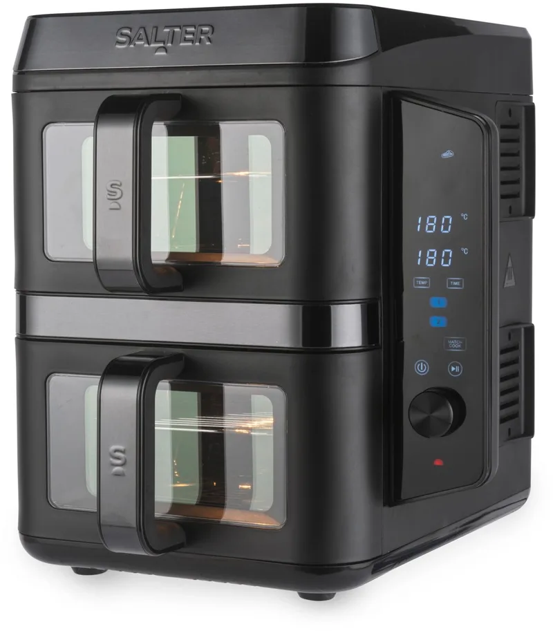 VertiCook View Air Fryer - Verticale Dual Drawer Air Fryer, Kook Over 4 Niveaus, 9L Capaciteit Verdeeld over 2 x 4.5L Kookmanden, Ruimtebesparend Ontwerp by Salter in Black – product photo