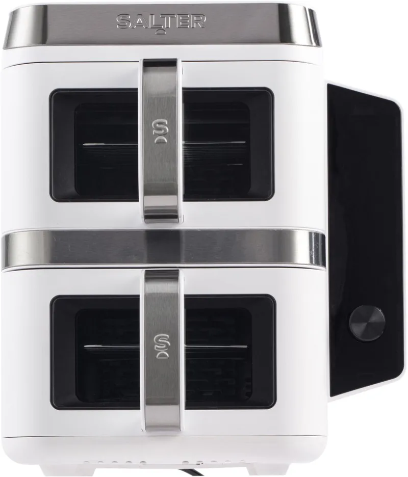 VertiCook View Air Fryer - Verticale Dubbele Lade, Koken op 4 Niveaus, XL 9L Capaciteit - 2 x 4.5L Mandjes, 2 Laden & 2 Roosters, Ruimtebesparend, 12 Functies, Sync & Match, PFAS-vrije coating von Salter in Weiß – Produktfoto