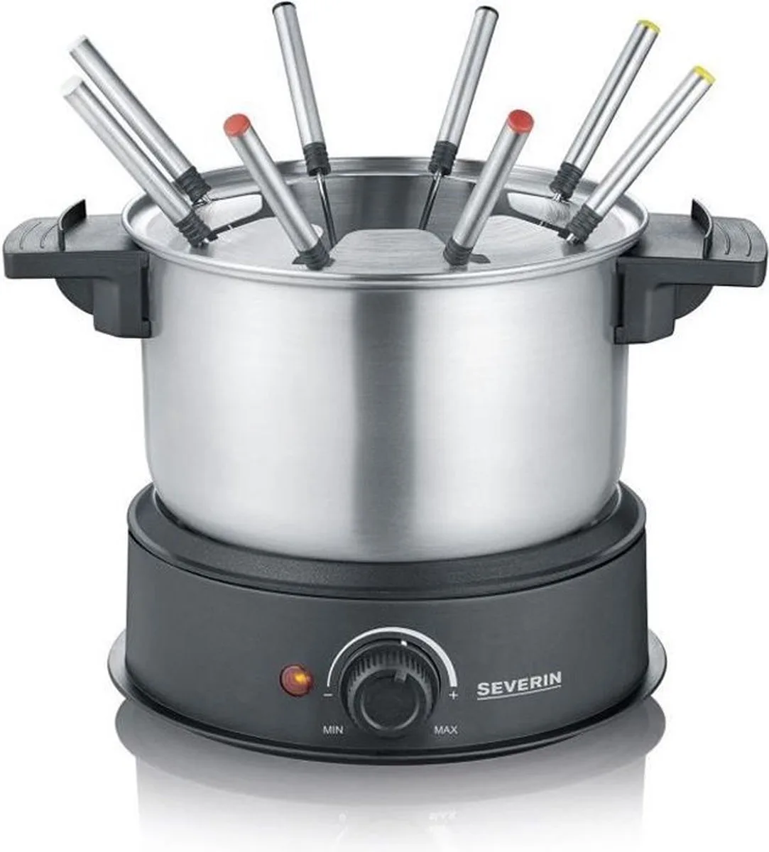 FO2473 Elektrische fondue 8 personen met verwijderbare roestvrijstalen kaquelon, inbegrepen: anti-projecties en 8 Forks-bescherming van Severin in Zilver – productfoto