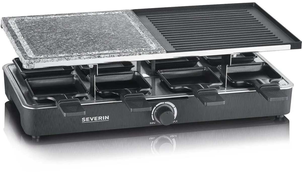 Gourmetstel RG 2376 - 8 Pannen - 1300W - Raclette met natuurgrillsteen en grillplaat van Severin in Zwart – productfoto