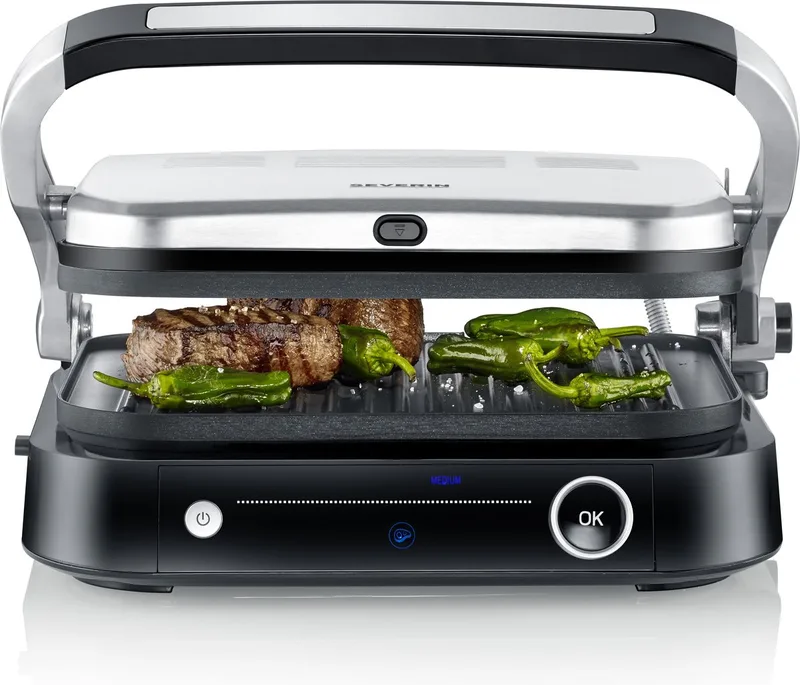 KG2395 Contactgrill SEVINI Pro - 7 Automatische programma's - Antiaanbaklaag - tot 230 °C by Severin in Black, Silver, Roestvrij staal – product photo