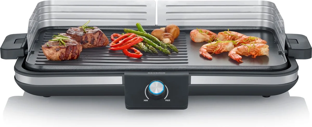 PG 8564, Plancha - Tafelgrill - glad en geribbeld oppervlak - binnen en buiten - 230 °C van Severin in Zwart, Zilver – productfoto