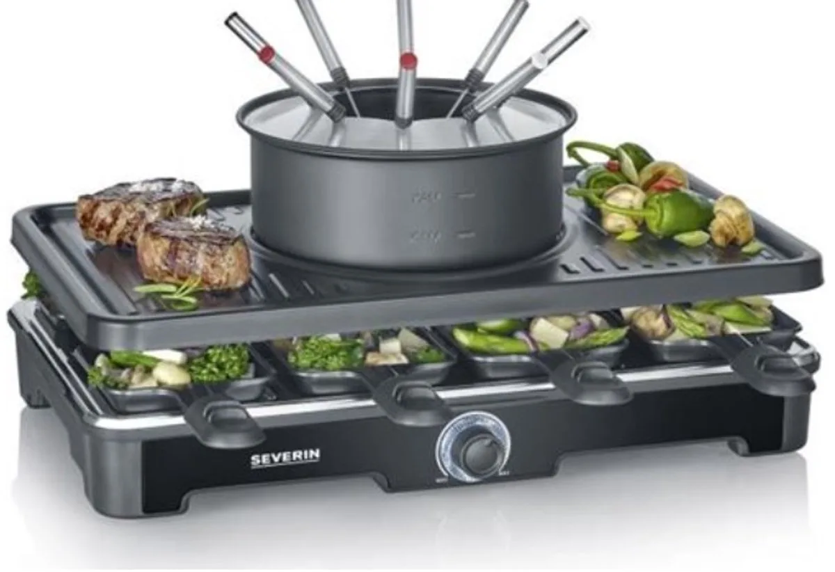 RG 2347 - 2-in-1 Gourmetset & Fondue-pan - 8 personen - Regelbare thermostaat - 8 pannetjes & fondue vorkjes - Zwart van Severin in Zwart met Fundue – productfoto