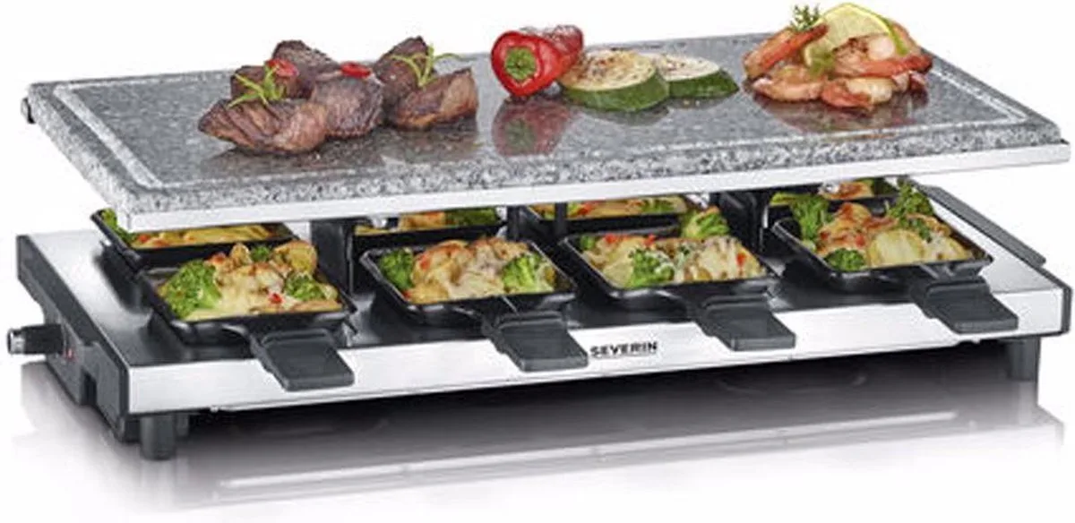 RG 2374 Raclettegrill met natuurlijke grillsteen - 48,5 x 24 cm - 8 Raclette-pannetjes - Traploze temperatuurregeling - Hoogwaardig roestvrijstalen design by Severin in Roestvrijstaal – product photo