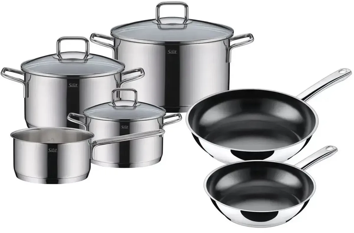 Extra Cook - Pannenset 6 pannen met 3 deksels - RVS 18/10 - Inductie de Silit en Argent, Noir – photo produit