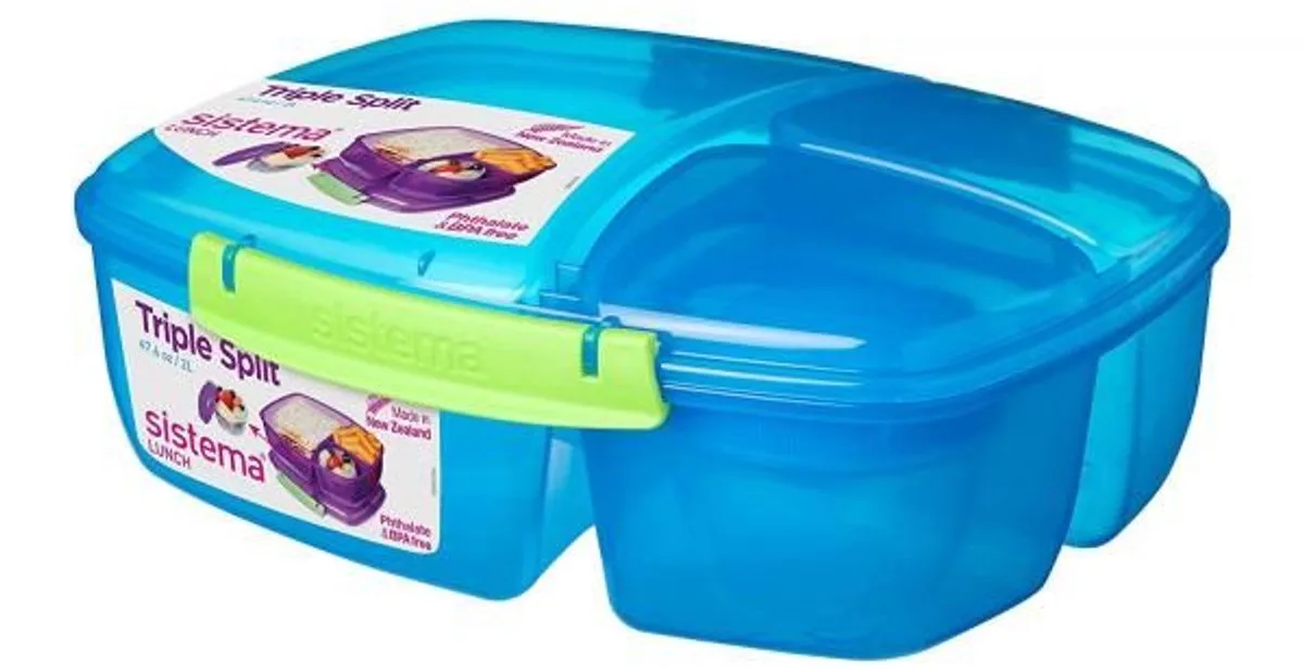 Lunch - Triple split Lunchbox - 2 liter - blauw/ groen de Sistema en Blauw met groene clips – photo produit