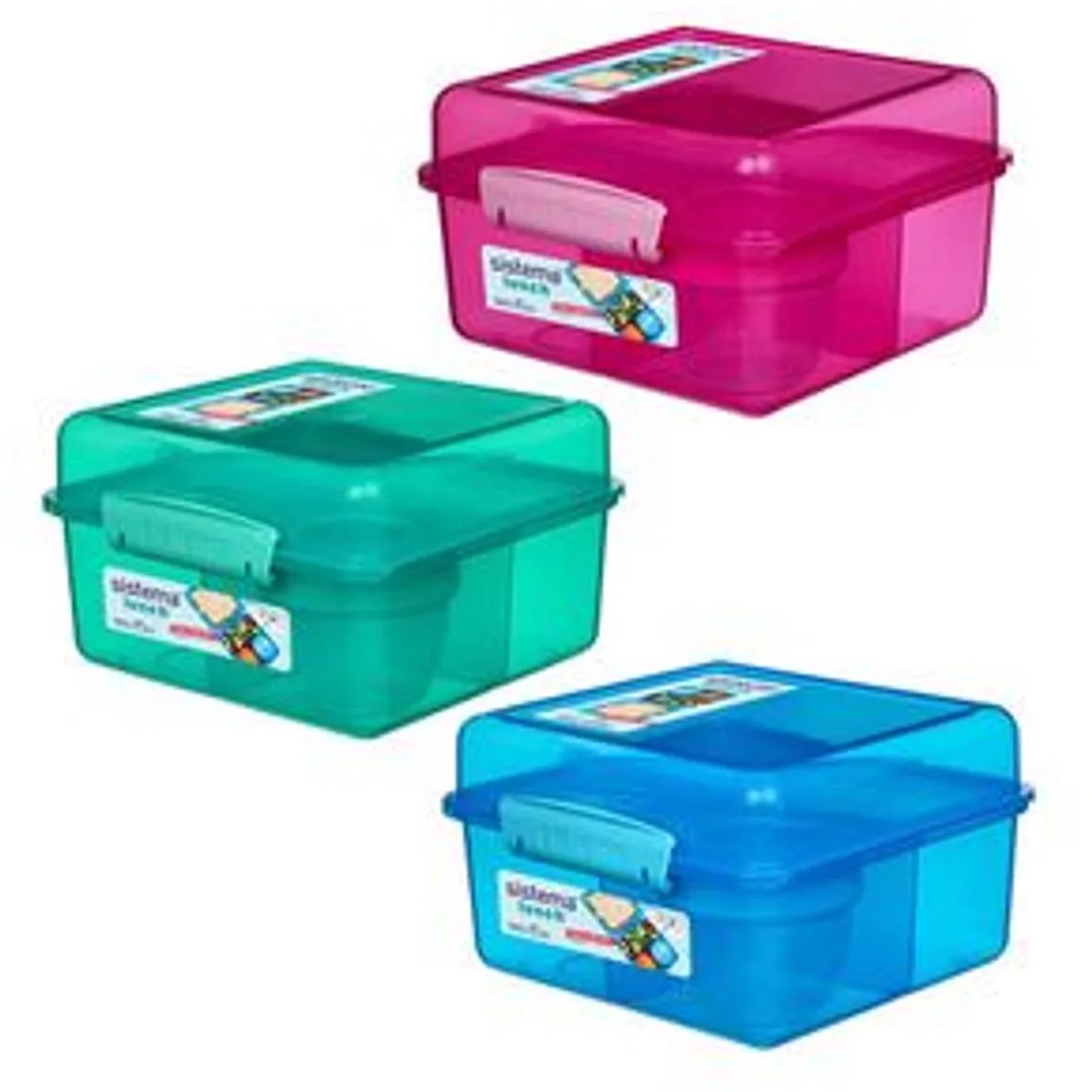 Lunchbox Cube - Max - Met yoghurtpotje van Sistema in Paars met roze clips – productfoto