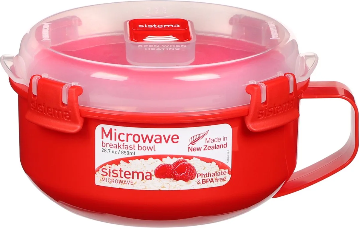 Microwave Ontbijtkom - Magnetron bakje met deksel - Met stoomklep - 850ml van Sistema in Rood – productfoto