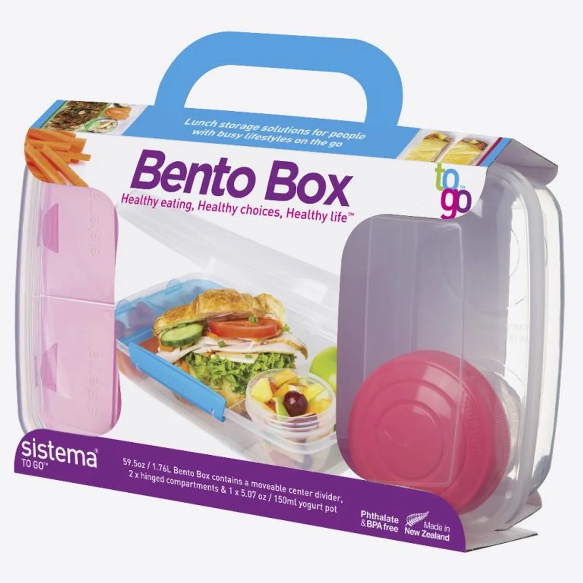 To Go lunchbox met yoghurtpotje Bento Box 1.76L by Sistema in Blue, Pink, Green, Purple – product photo