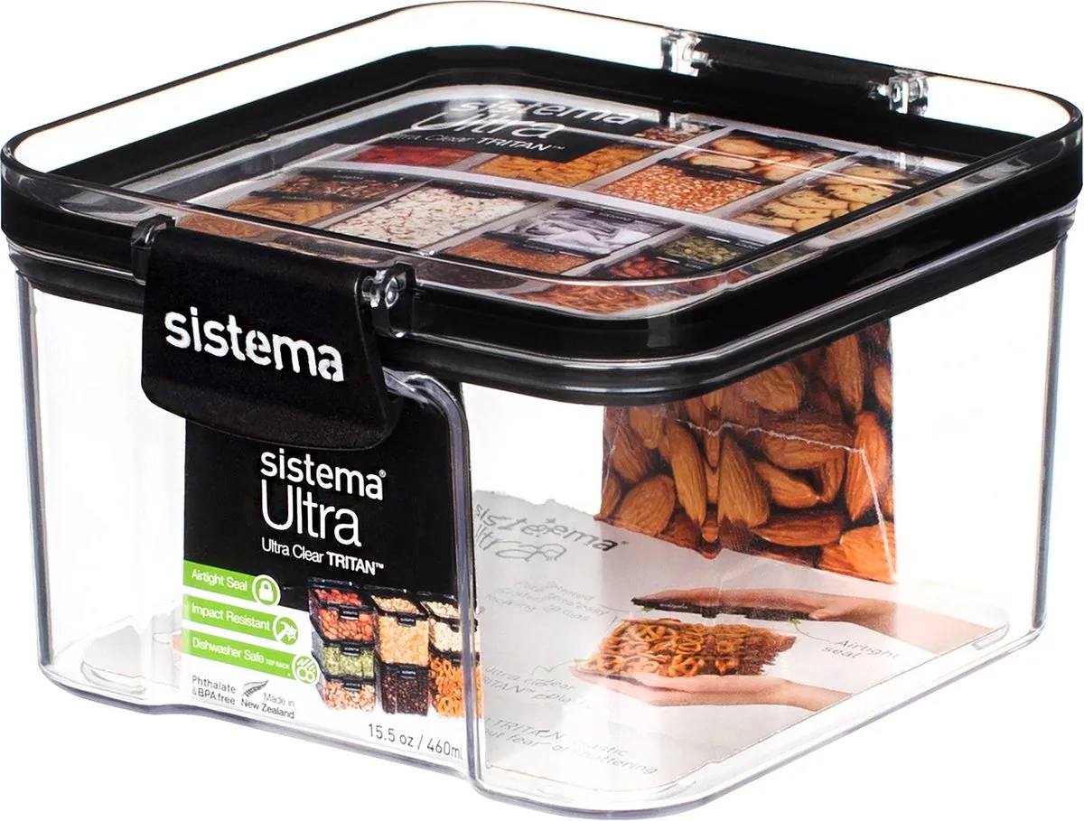 Ultra Vierkante Voorraaddoos - 460ml van Sistema in Transparant & zwart – productfoto