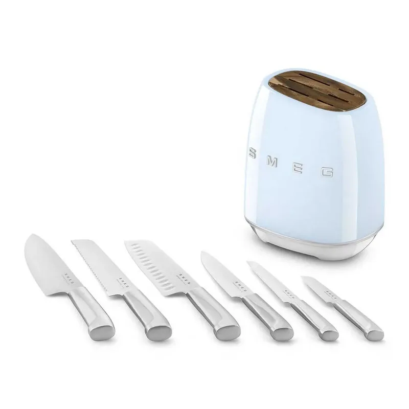 KBSF02PB Messenblok met 6 Messen - Messenset - Duits Roestvrij Staal - Acaciahout - Ergonomische Handgrepen - '50s Style fra Smeg i Pastelblauw – produktbillede 4 af 6