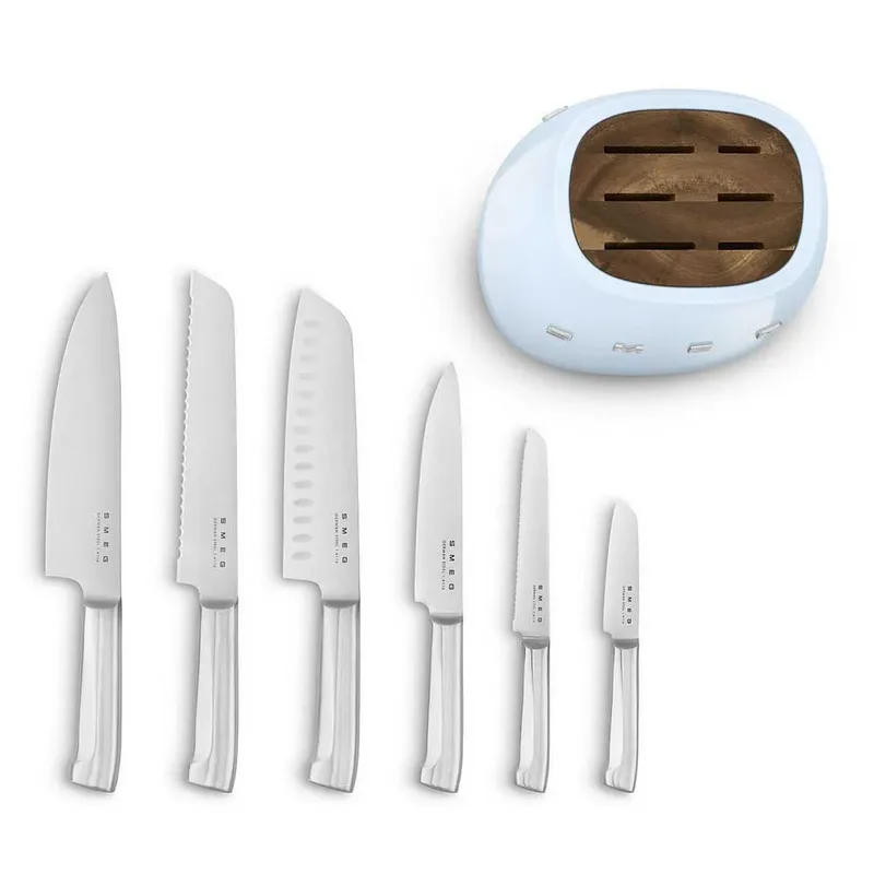 KBSF02PB Messenblok met 6 Messen - Messenset - Duits Roestvrij Staal - Acaciahout - Ergonomische Handgrepen - '50s Style fra Smeg i Pastelblauw – produktbillede 6 af 6