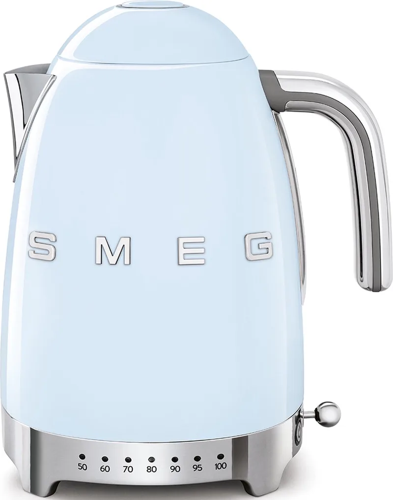 KLF04PBEU Waterkoker met Variabele Temperatuur - 1,7 Liter - 2400W - 7 Temperatuurstanden - Warmhoudfunctie - RVS - '50s Style by Smeg in Pastelblauw – product photo